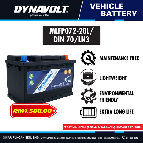 Dynavolt Lithium Car Battery MLFP72-20L/DIN 70/LN3